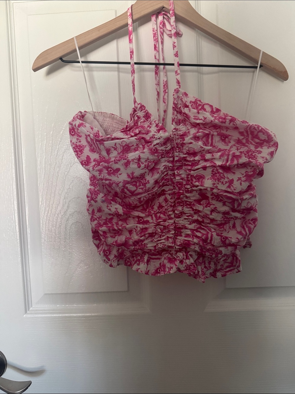 Pink Floral Ruched Cropped Halter - Picture 2 of 2